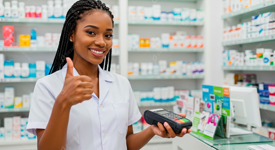 Farmacêutica feliz com gesto de legal e máquina de cartão nas mãos