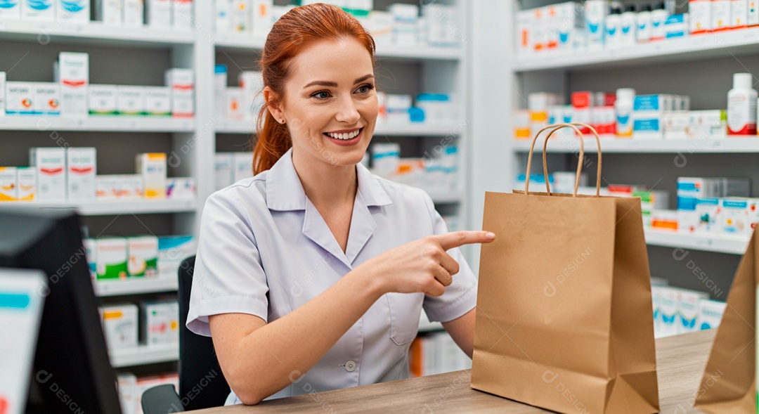Farmacêutica com sacola de medicações para cliente