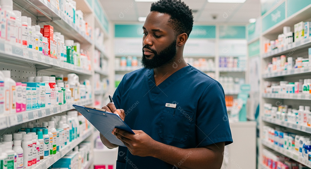 Farmacêutico fazendo anotações dee medicações que estão em falta