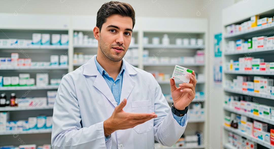 Farmacêutico jovem bonito segurando caixa de rémedio