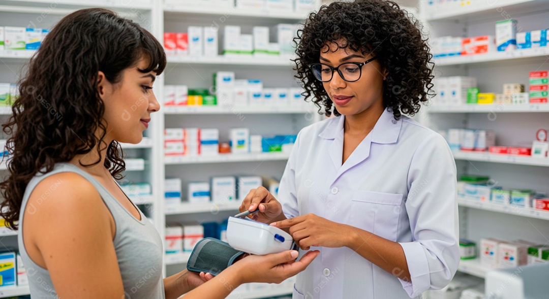 Farmacêutica e atendente manuseando aparelho elétrico de medir pressão
