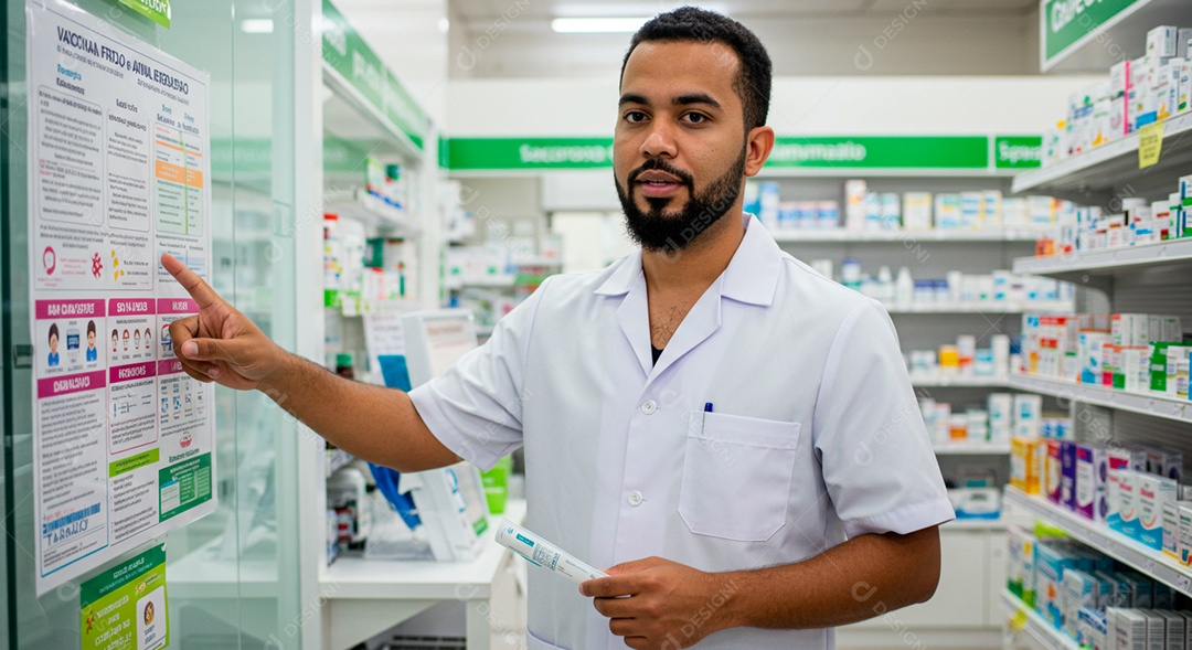 Farmacêutica ajeitando medicações em prateleira