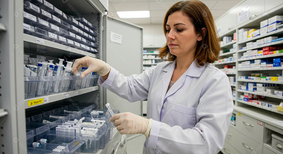 Farmacêutica ajeitando medicações em prateleira