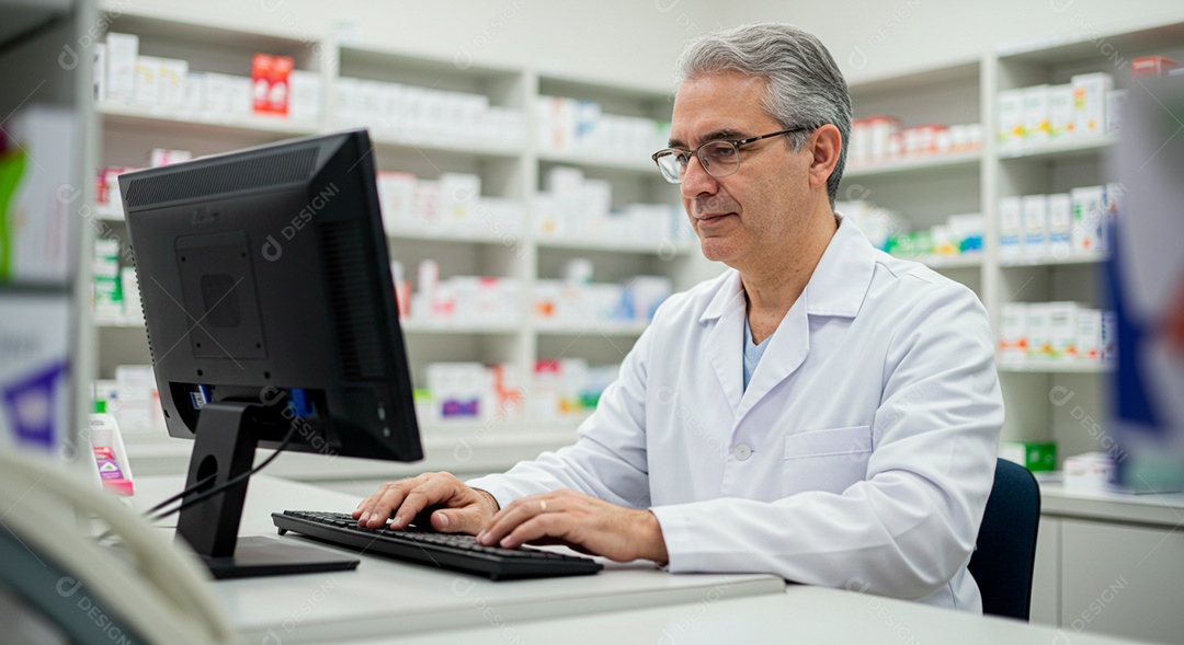 Farmacêutico em caixa aguardando clientes