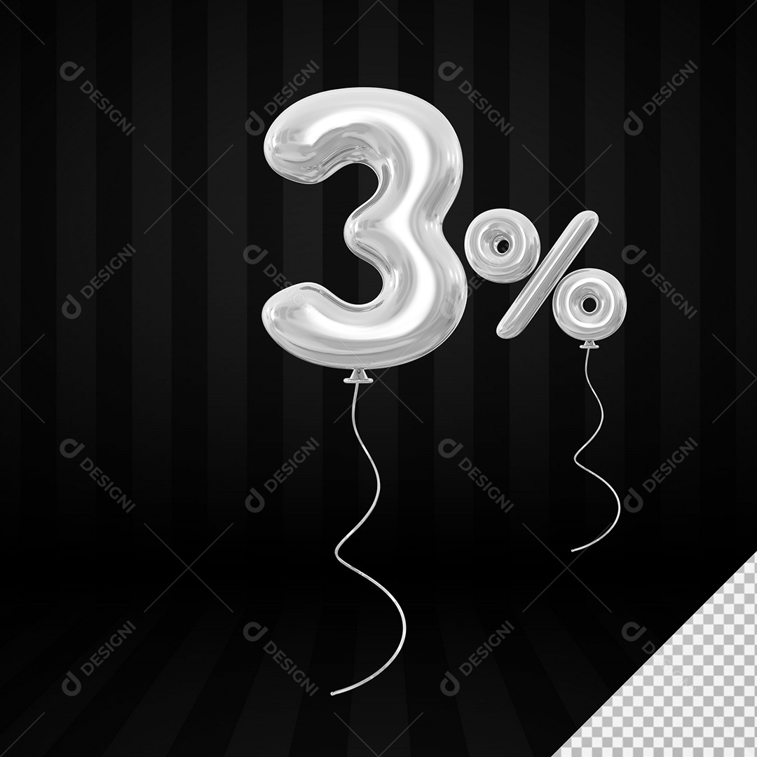 Elemento 3D Balão Prata de Número 3% para Composição PSD