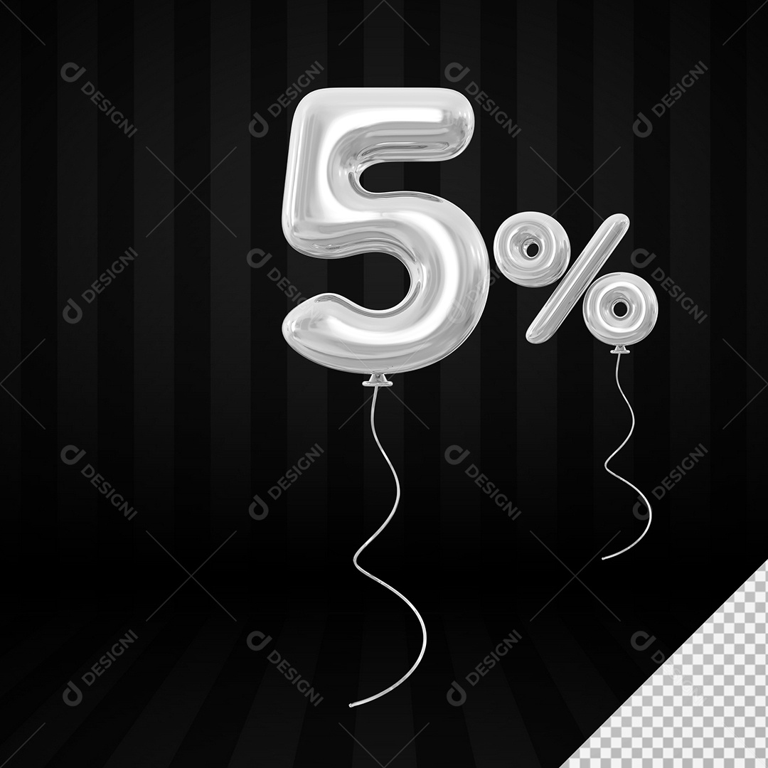 Elemento 3D Balão Prata de Número 5% para Composição PSD