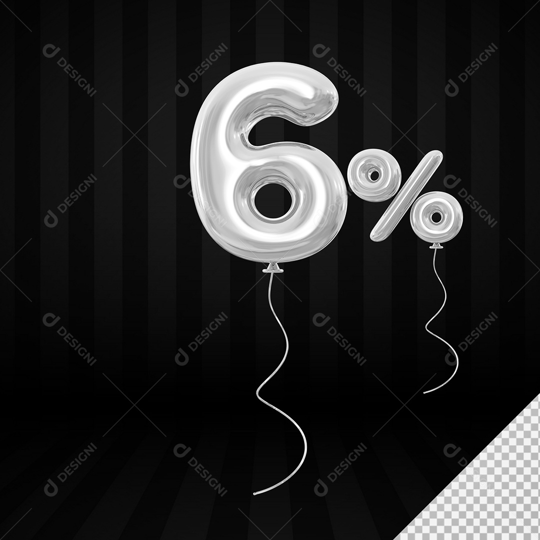Elemento 3D Balão Prata de Número 6% para Composição PSD