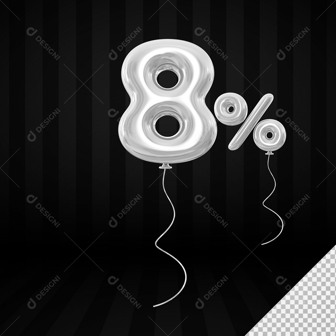 Elemento 3D Balão Prata de Número 8% para Composição PSD