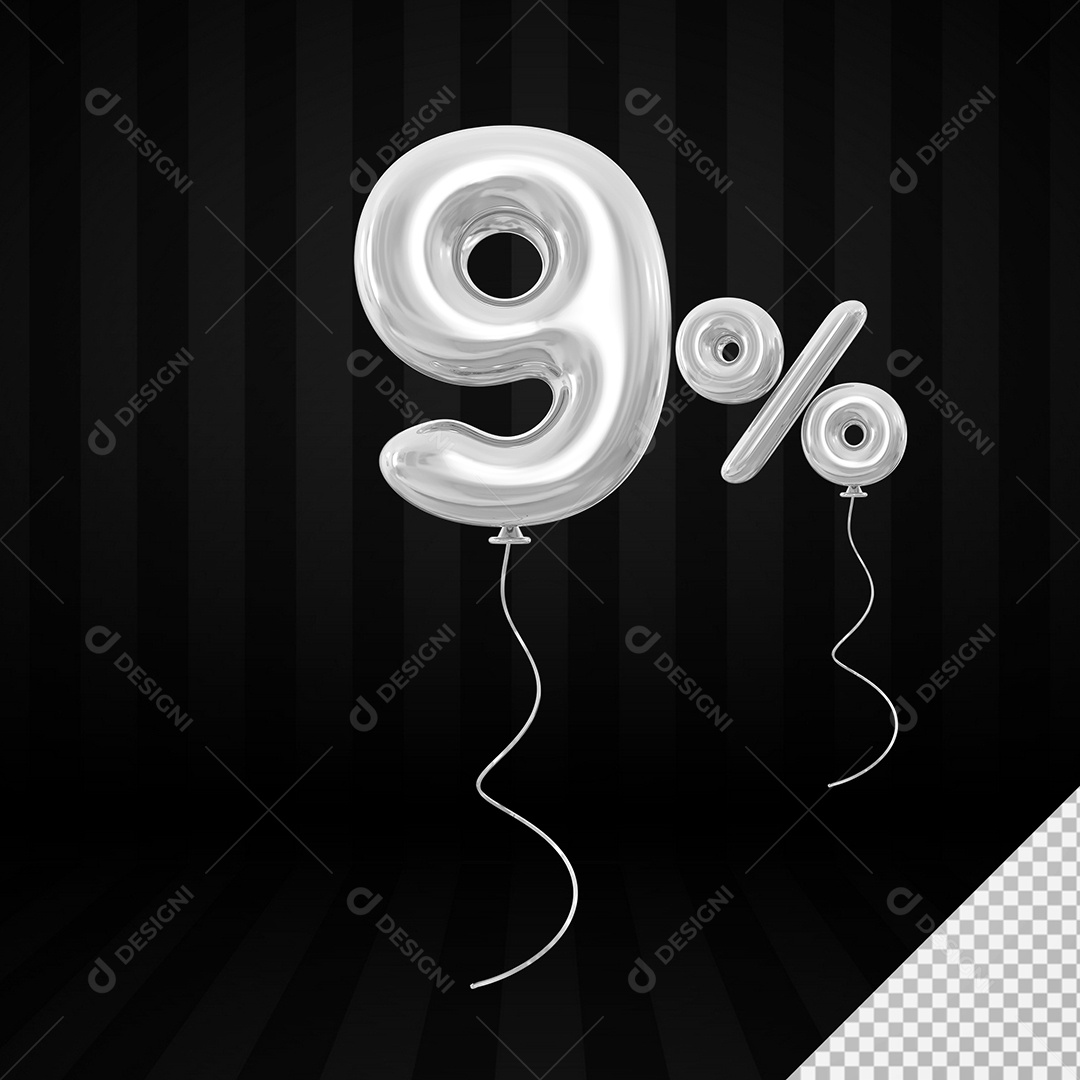 Elemento 3D Balão Prata de Número 9% para Composição PSD