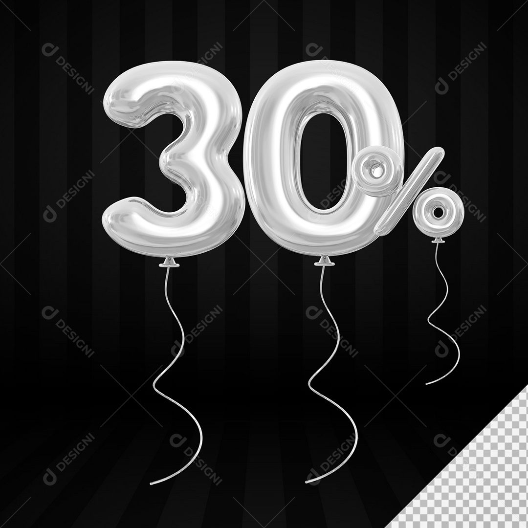 Elemento 3D Balão Prata de Número 30% para Composição PSD