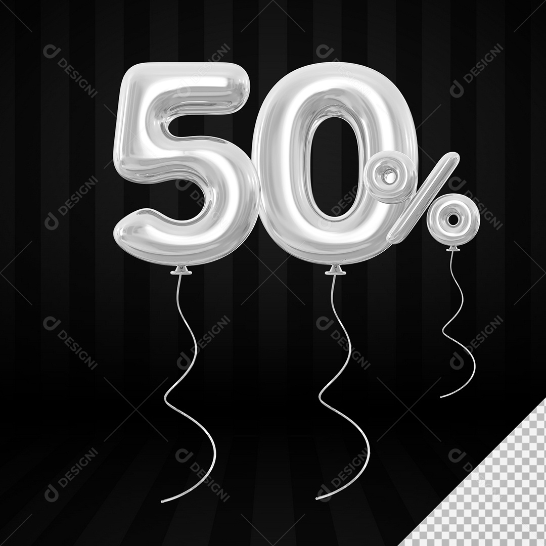 Elemento 3D Balão Prata de Número 50% para Composição PSD