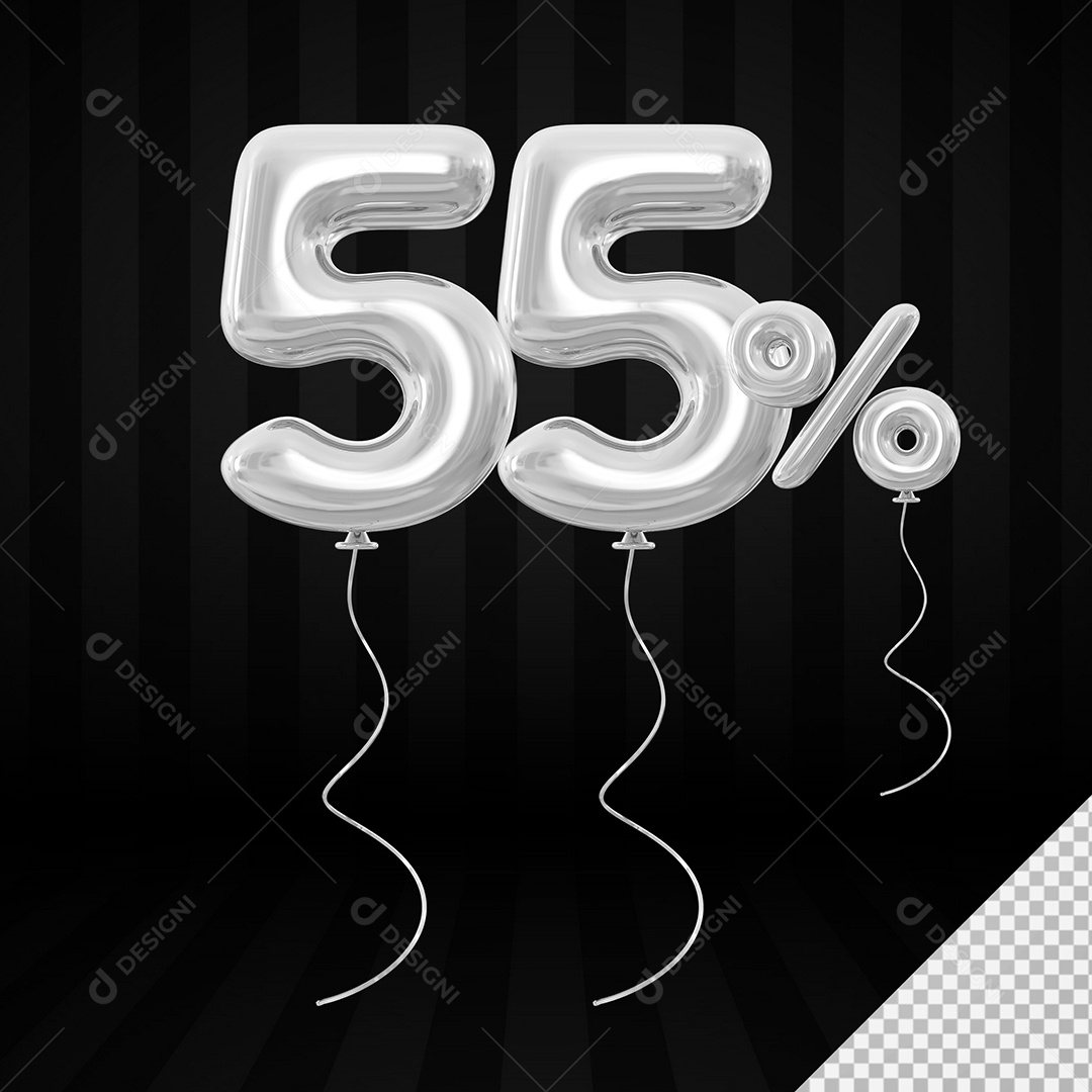 Elemento 3D Balão Prata de Número 55% para Composição PSD