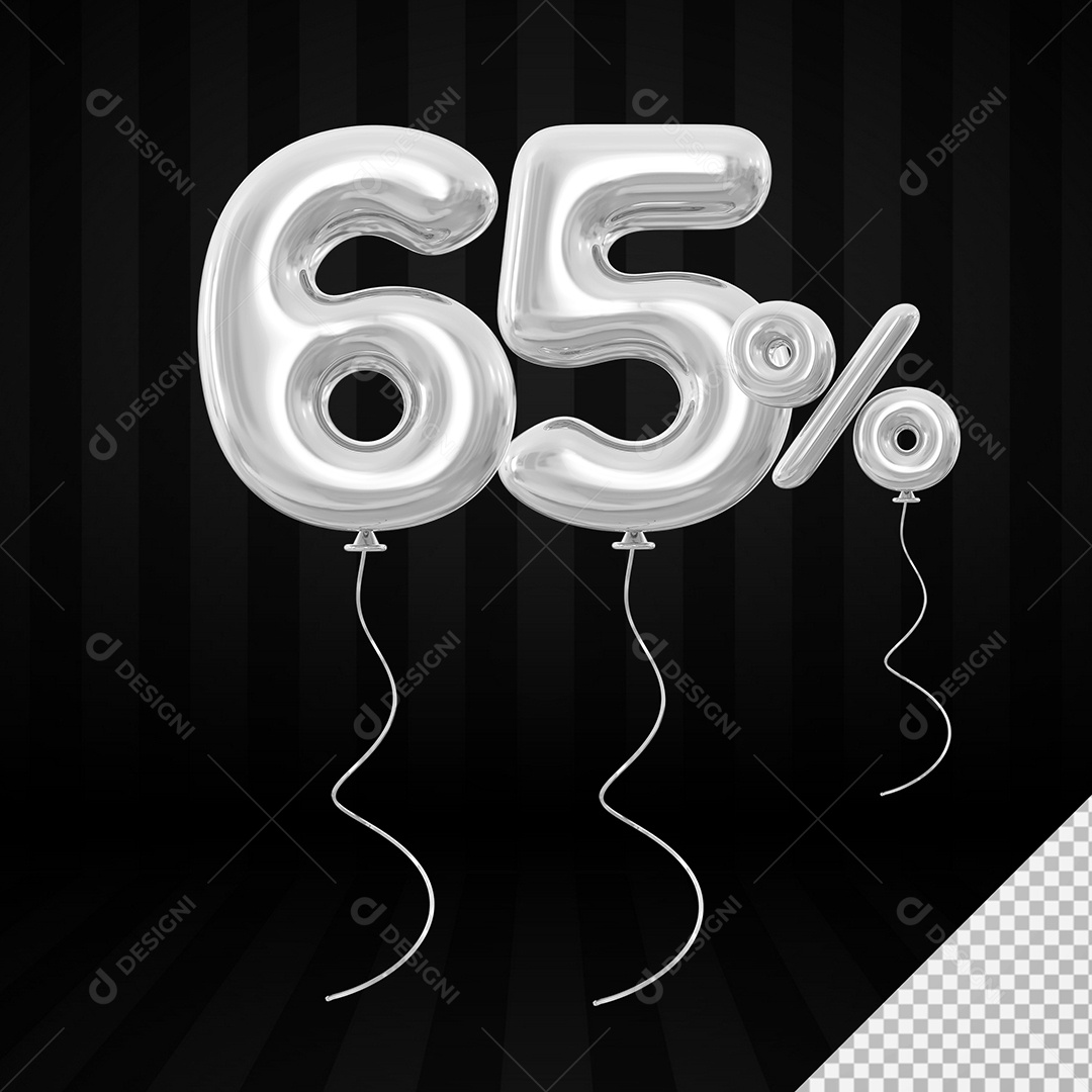Elemento 3D Balão Prata de Número 65% para Composição PSD