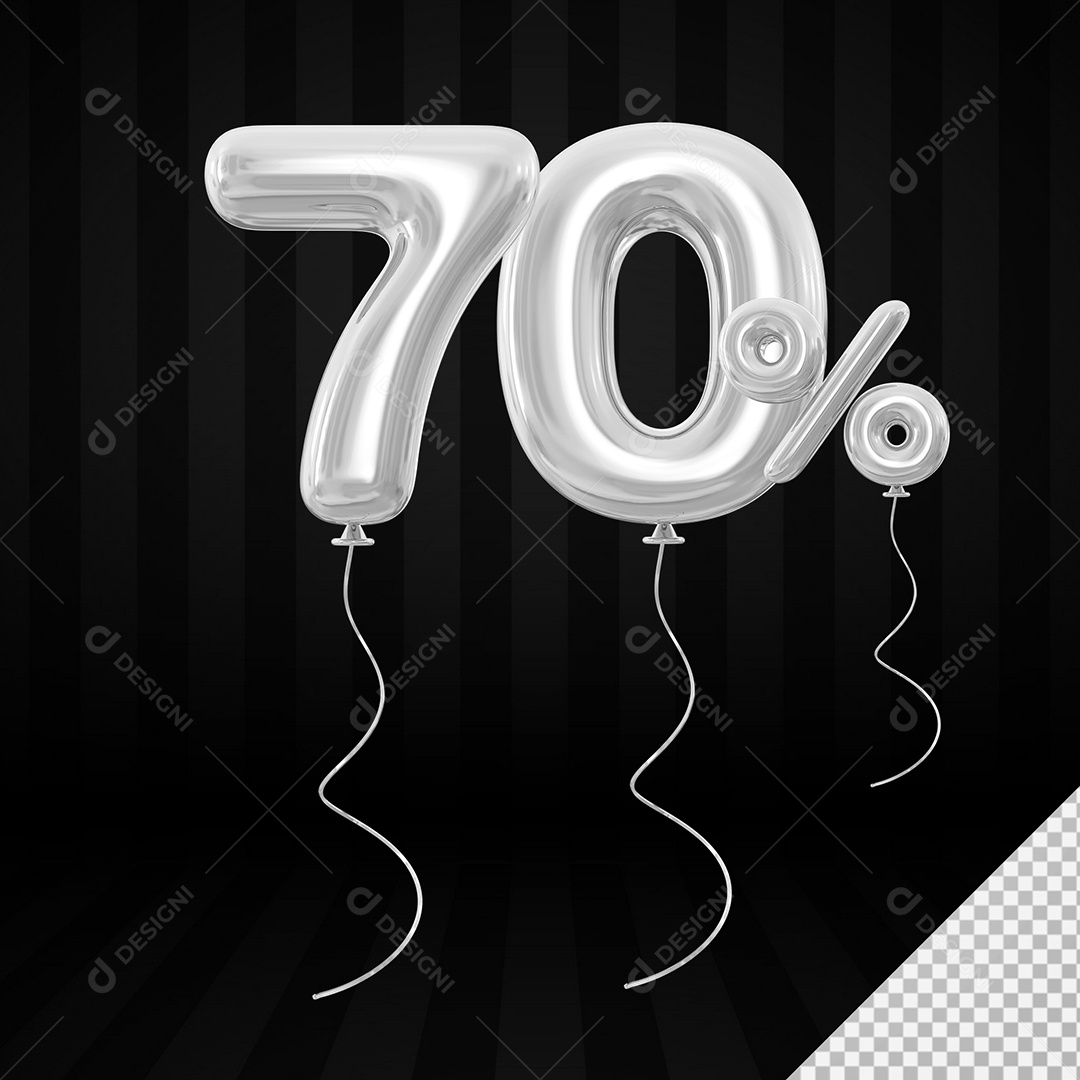 Elemento 3D Balão Prata de Número 70% para Composição PSD