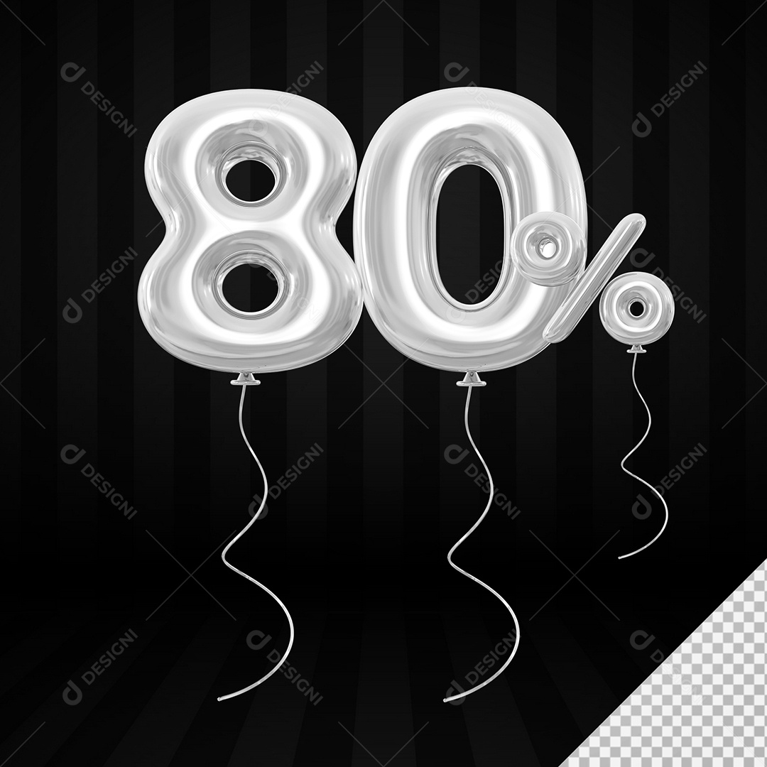Elemento 3D Balão Prata de Número 80% para Composição PSD