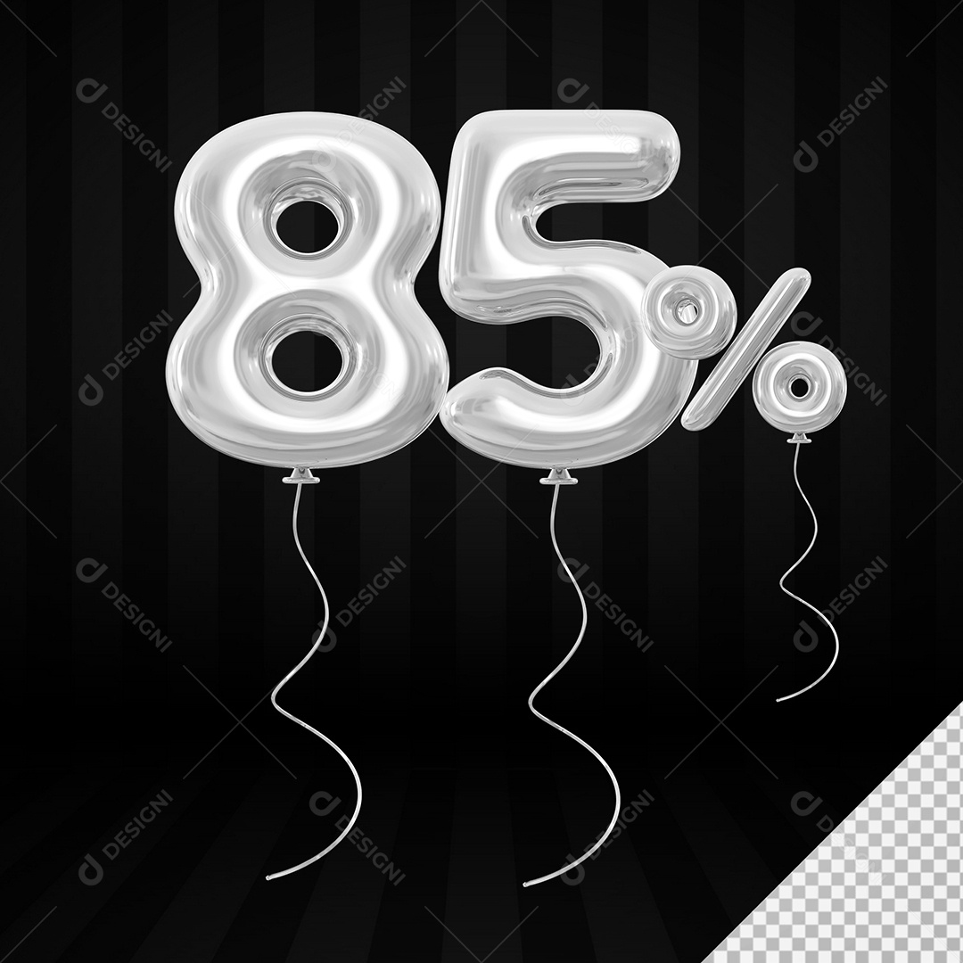 Elemento 3D Balão Prata de Número 85% para Composição PSD