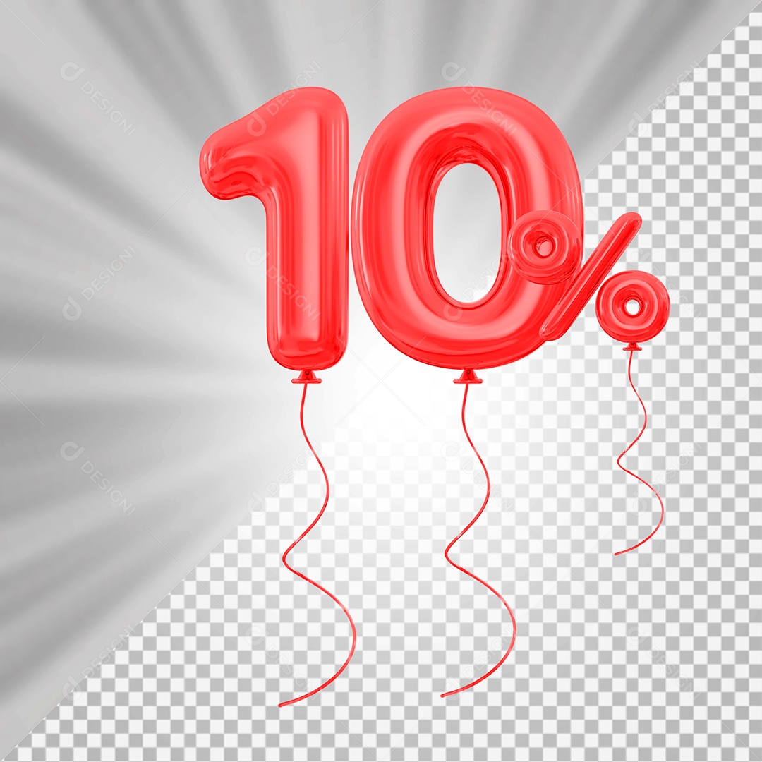 Elemento 3D Balão Vermelho de Número 10% para Composição PSD