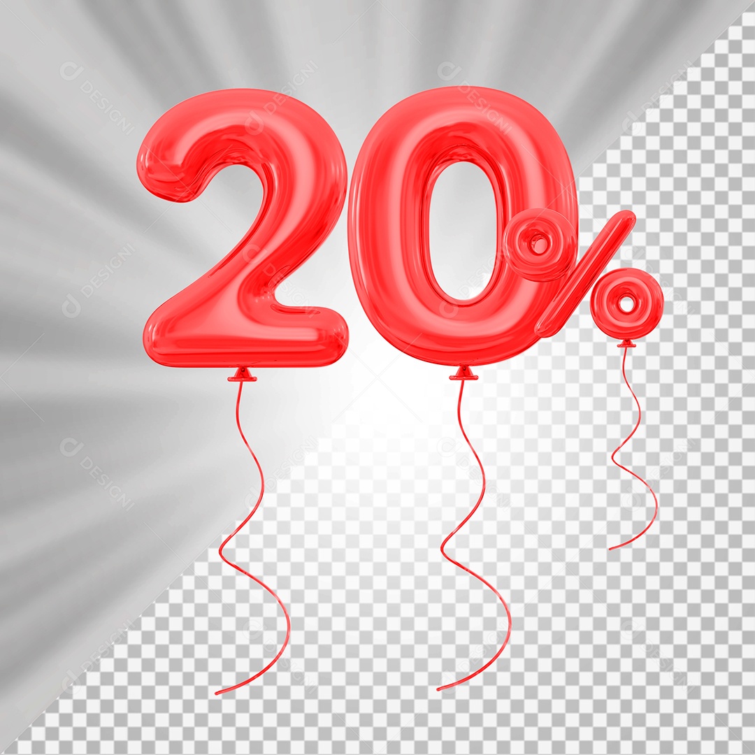 Elemento 3D Balão Vermelho de Número 20% para Composição PSD