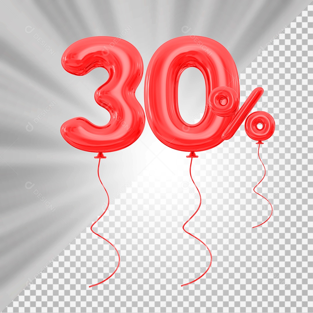 Elemento 3D Balão Vermelho de Número 30% para Composição PSD