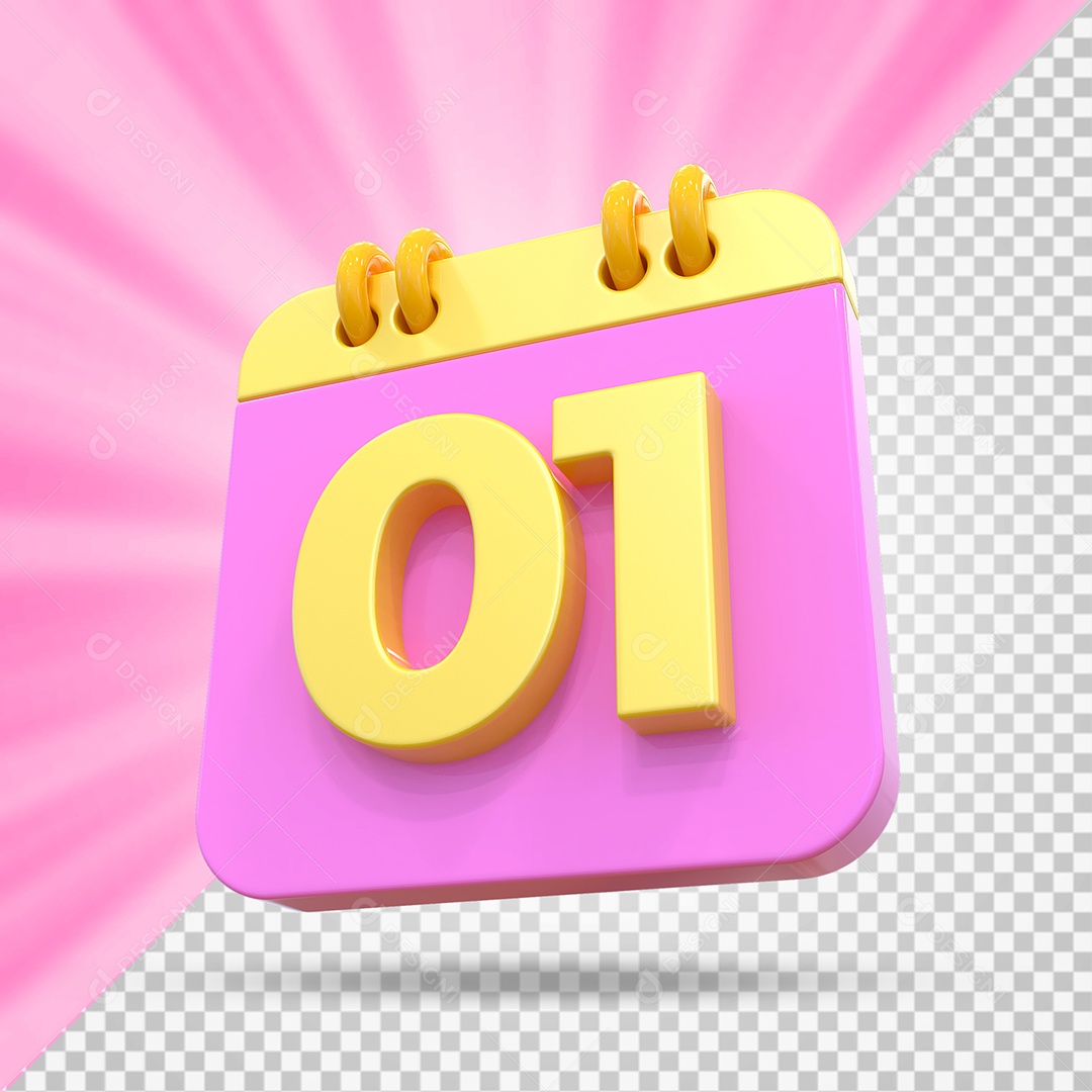 Elemento 3D Calendário Dia 01 Rosa e Amarelo Para Composição PSD