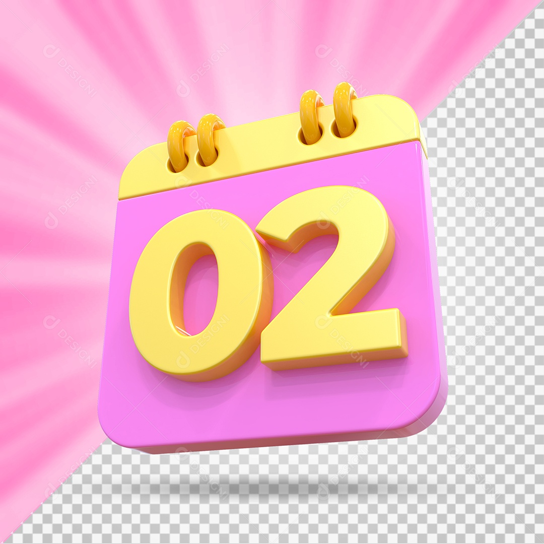 Elemento 3D Calendário Dia 02 Rosa e Amarelo Para Composição PSD
