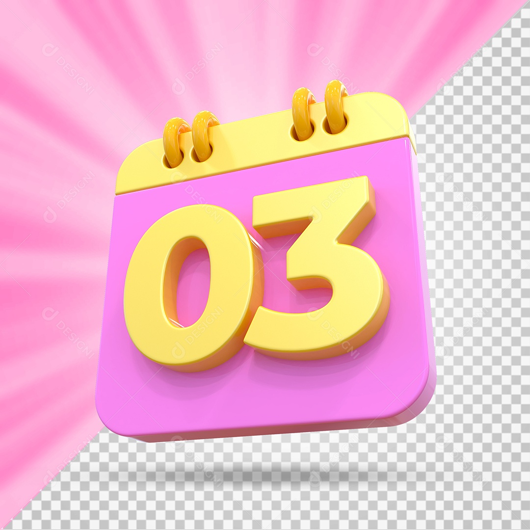 Elemento 3D Calendário Dia 03 Rosa e Amarelo Para Composição PSD