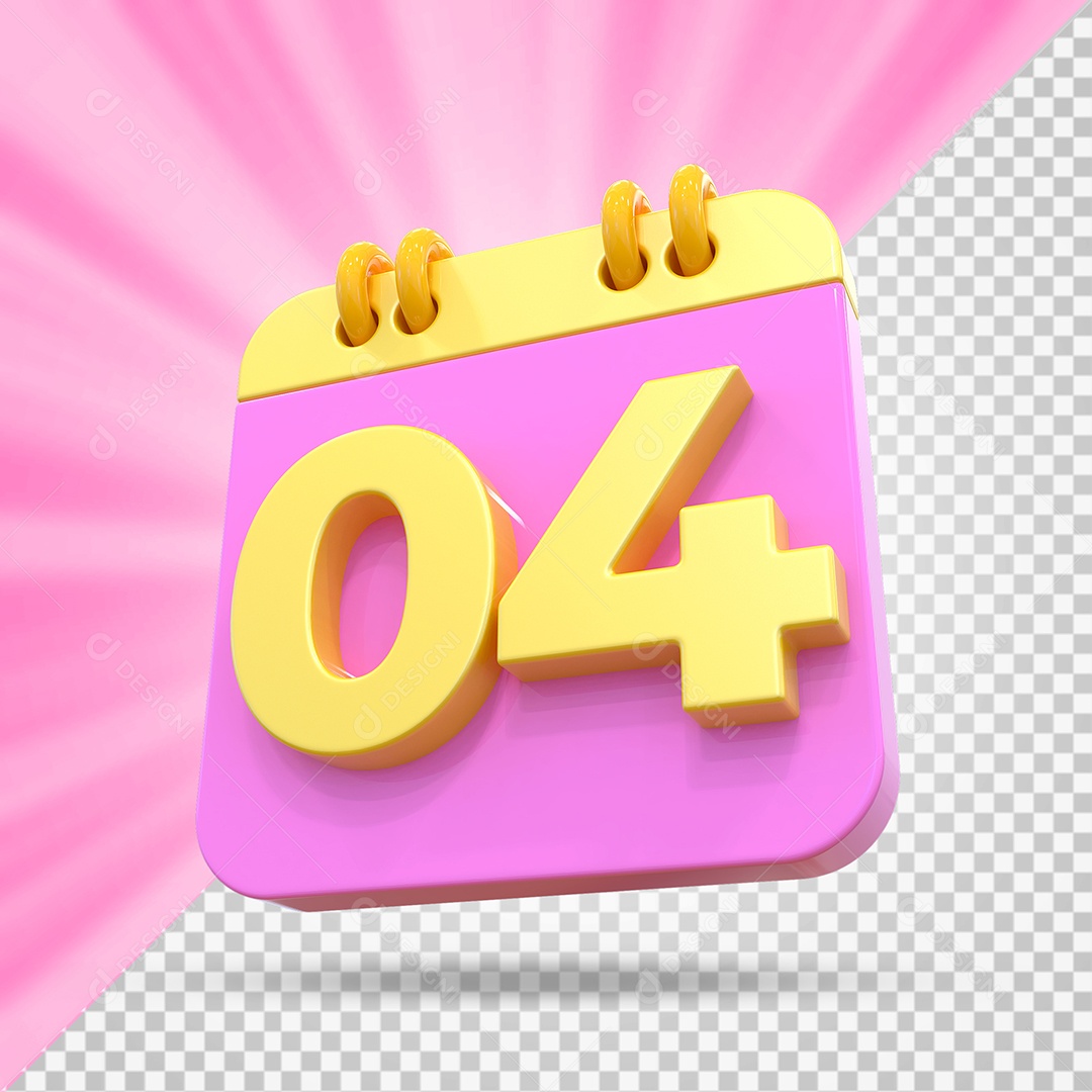 Elemento 3D Calendário Dia 04 Rosa e Amarelo Para Composição PSD