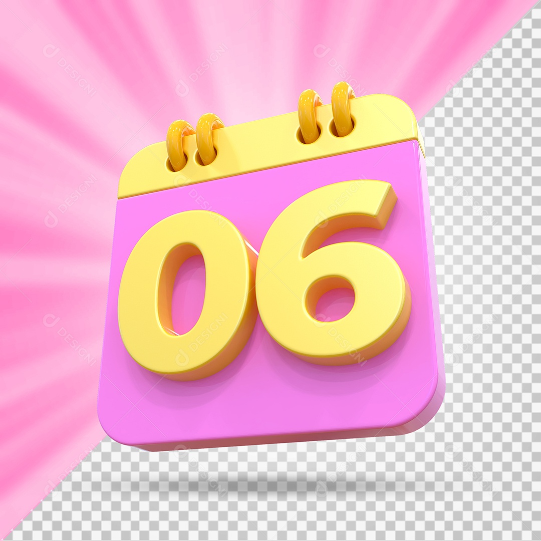 Elemento 3D Calendário Dia 06 Rosa e Amarelo Para Composição PSD