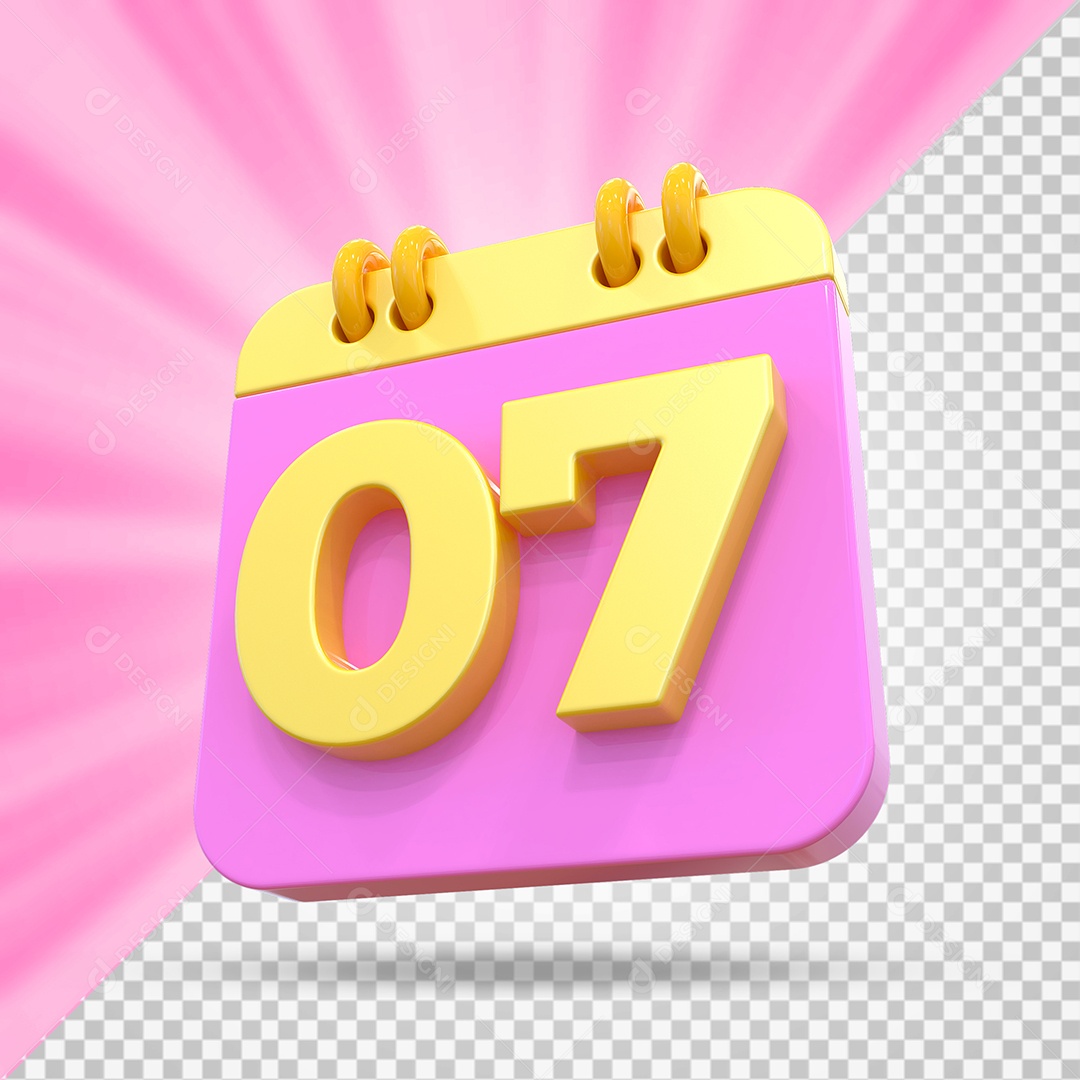 Elemento 3D Calendário Dia 07 Rosa e Amarelo Para Composição PSD