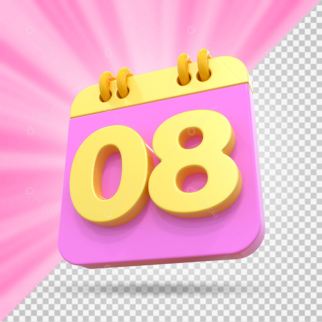 Elemento 3D Calendário Dia 08 Rosa e Amarelo Para Composição PSD