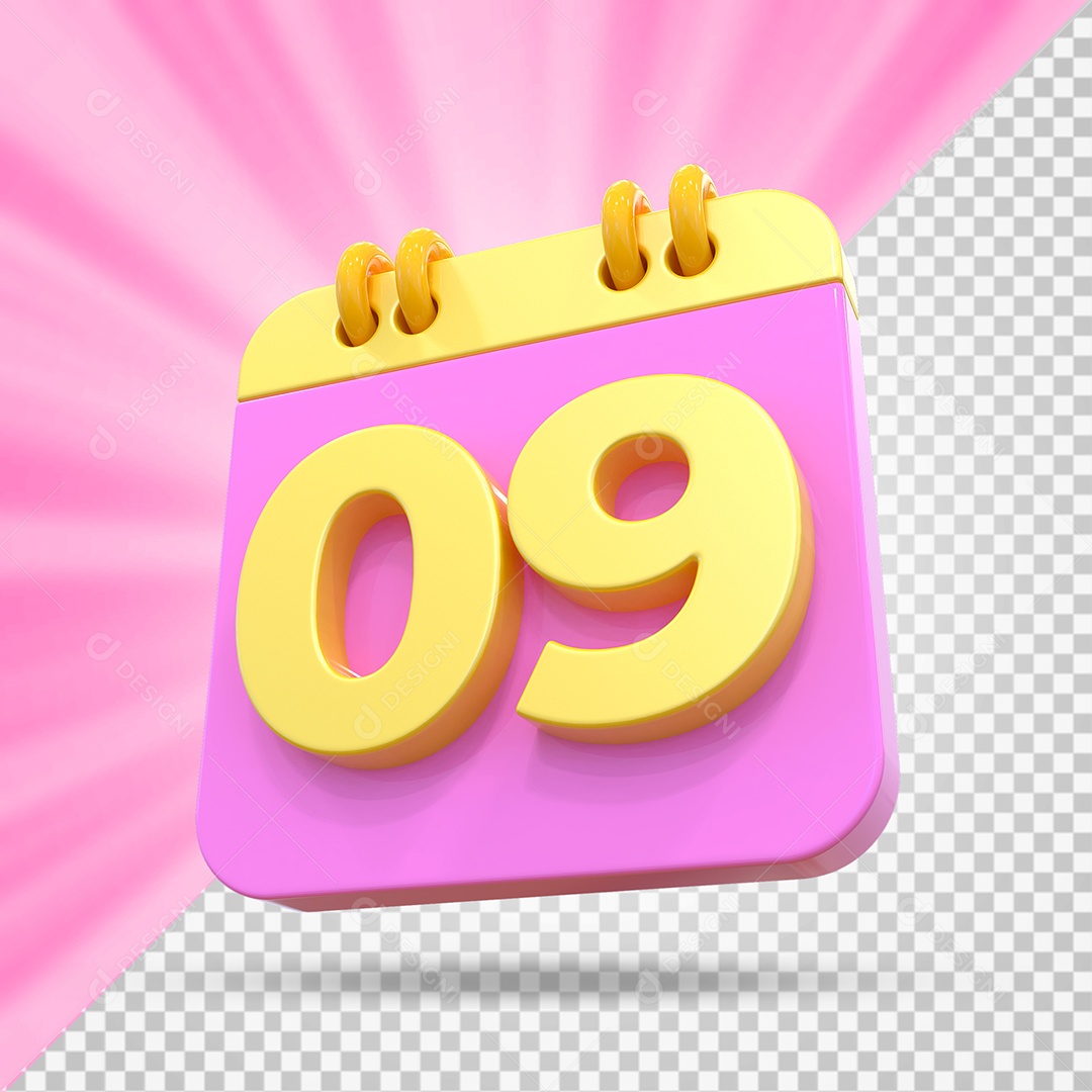 Elemento 3D Calendário Dia 09 Rosa e Amarelo Para Composição PSD