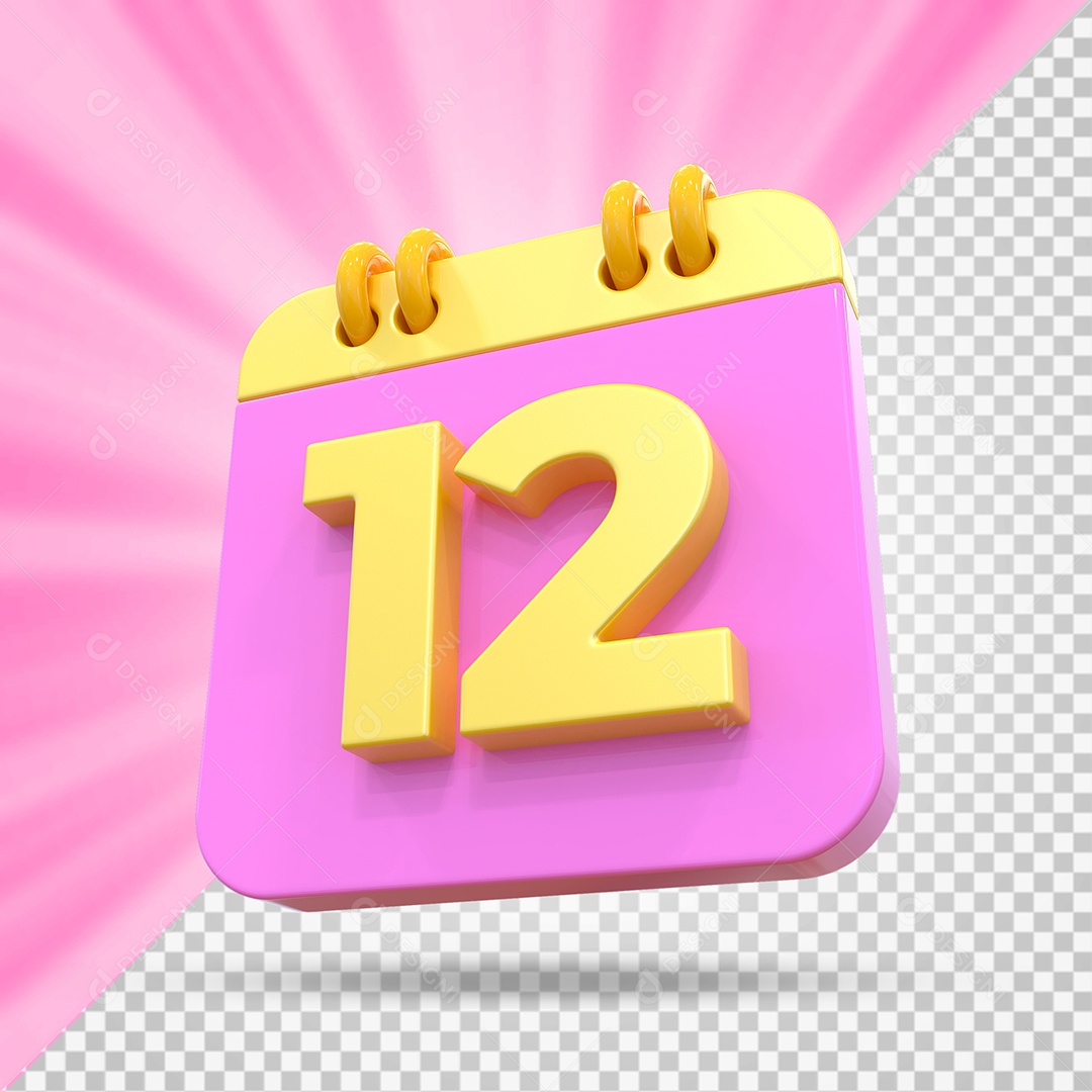 Elemento 3D Calendário Dia 12 Rosa e Amarelo Para Composição PSD