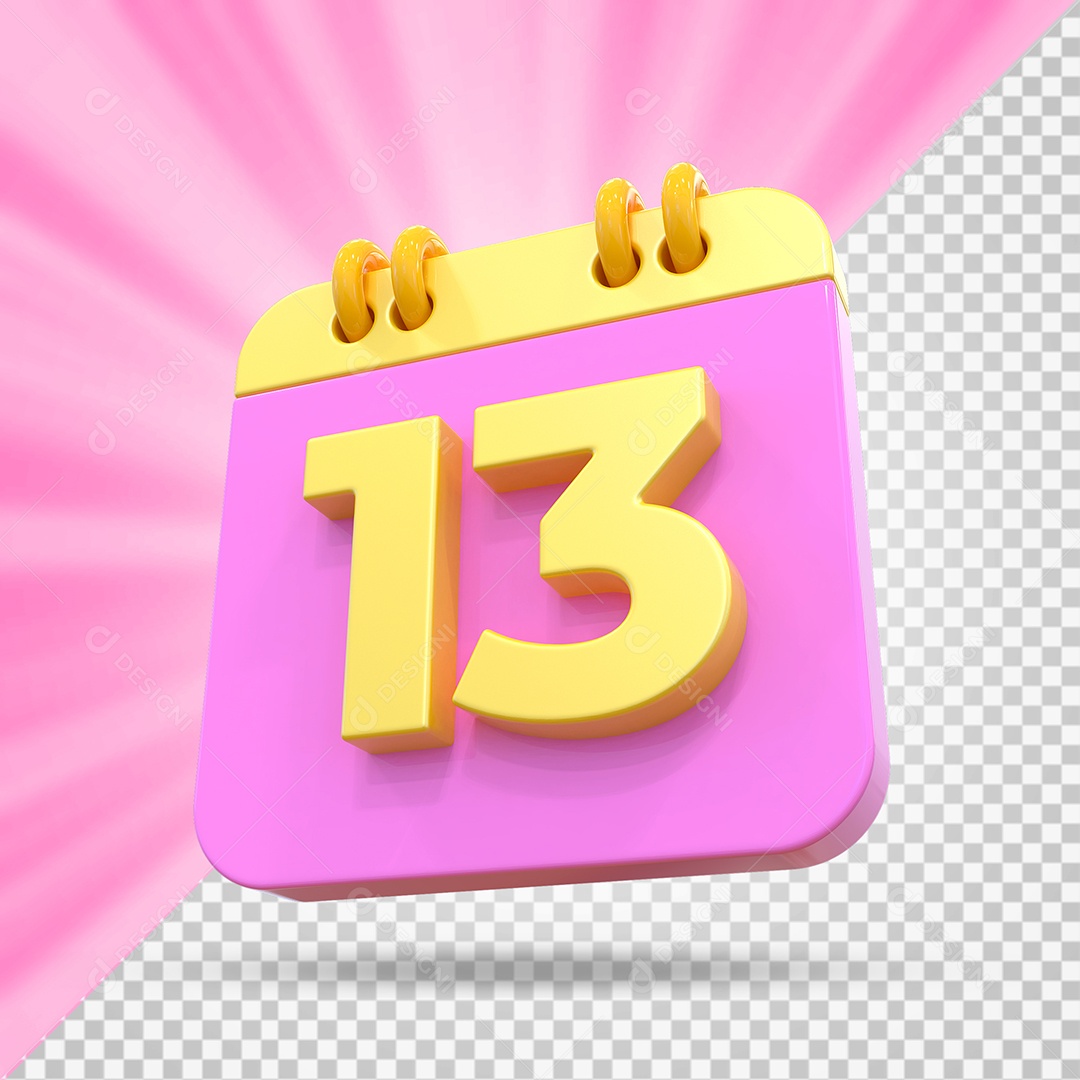 Elemento 3D Calendário Dia 13 Rosa e Amarelo Para Composição PSD