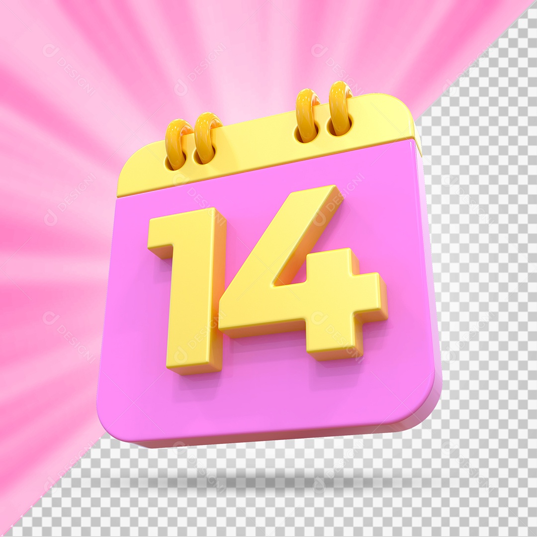 Elemento 3D Calendário Dia 14 Rosa e Amarelo Para Composição PSD