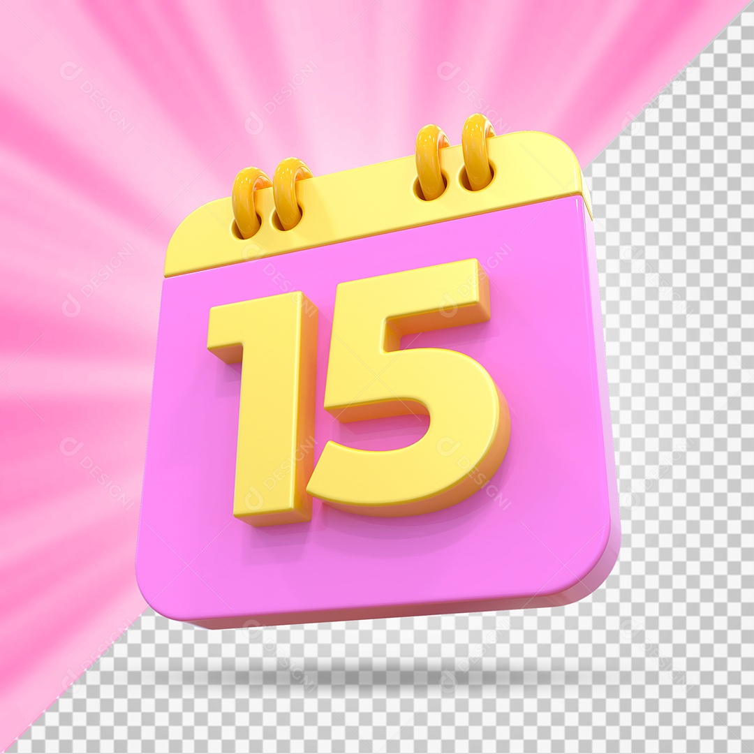 Elemento 3D Calendário Dia 15 Rosa e Amarelo Para Composição PSD