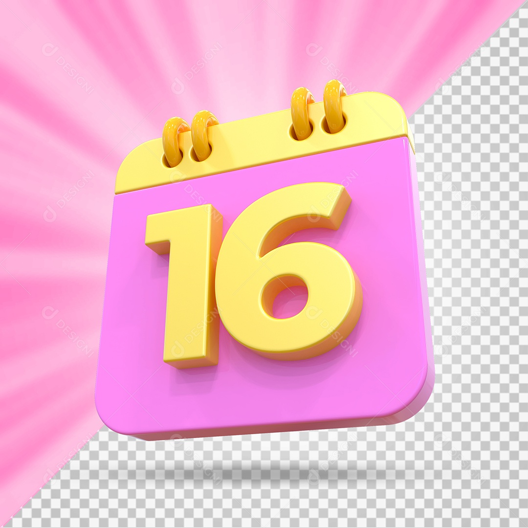 Elemento 3D Calendário Dia 16 Rosa e Amarelo Para Composição PSD
