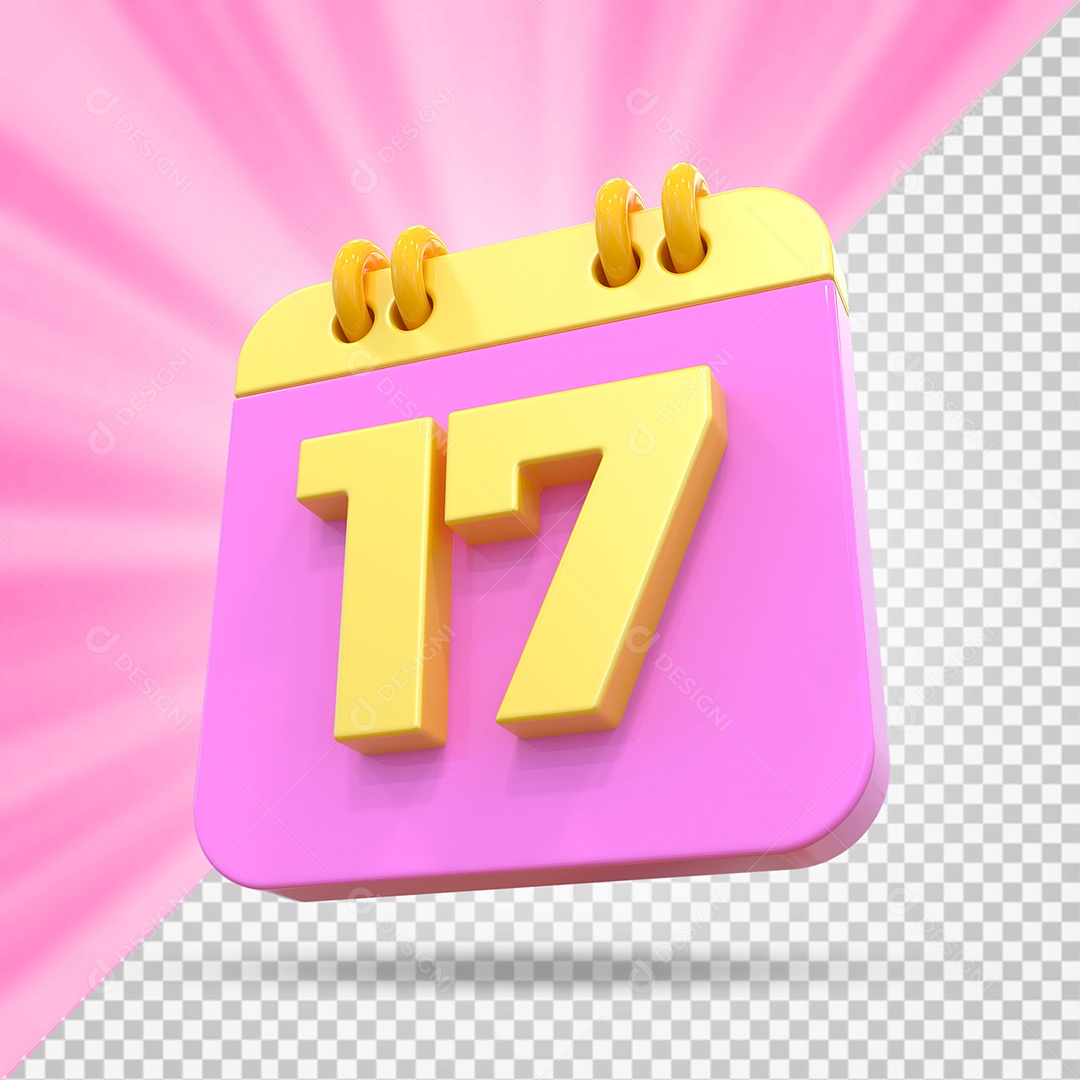 Elemento 3D Calendário Dia 17 Rosa e Amarelo Para Composição PSD