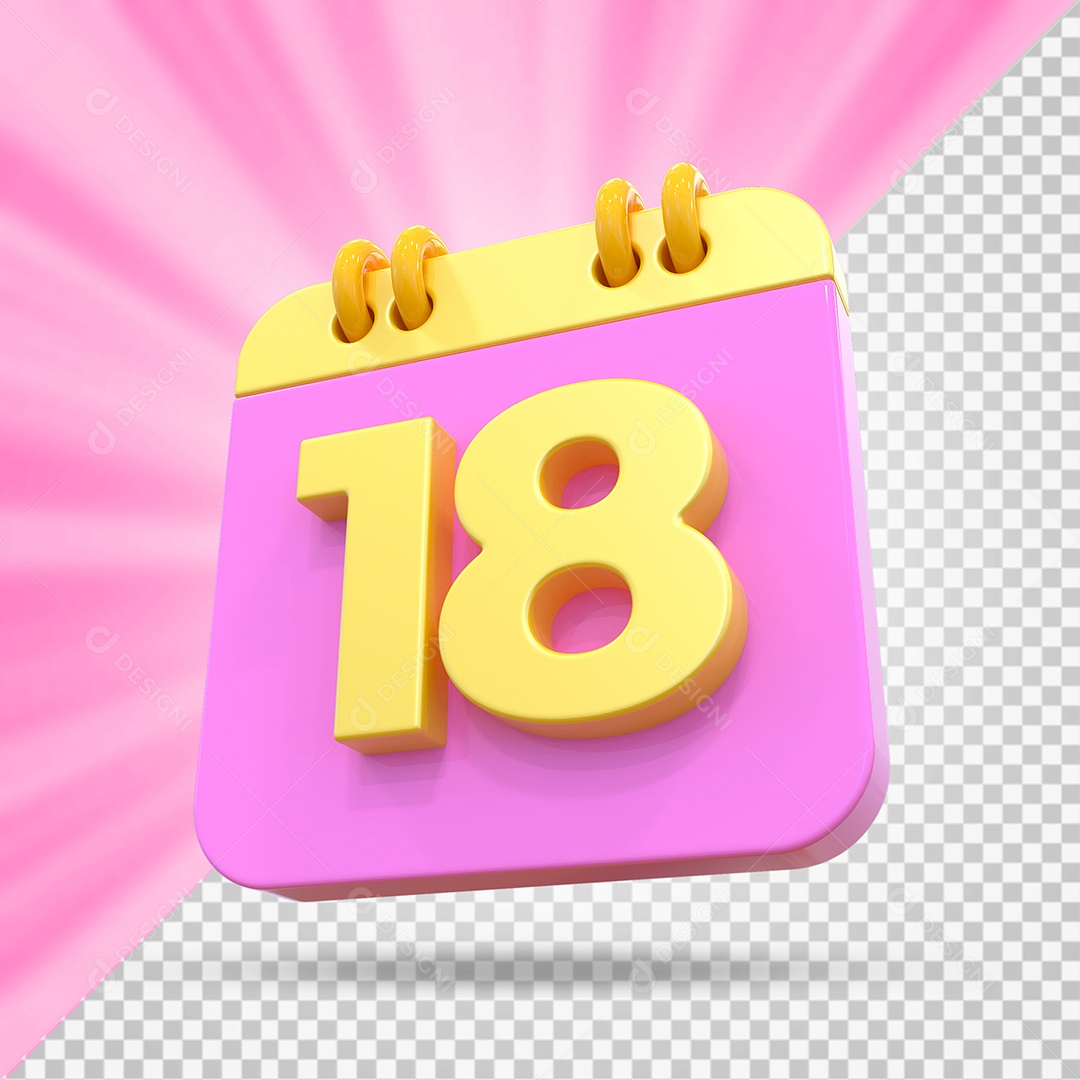 Elemento 3D Calendário Dia 18 Rosa e Amarelo Para Composição PSD