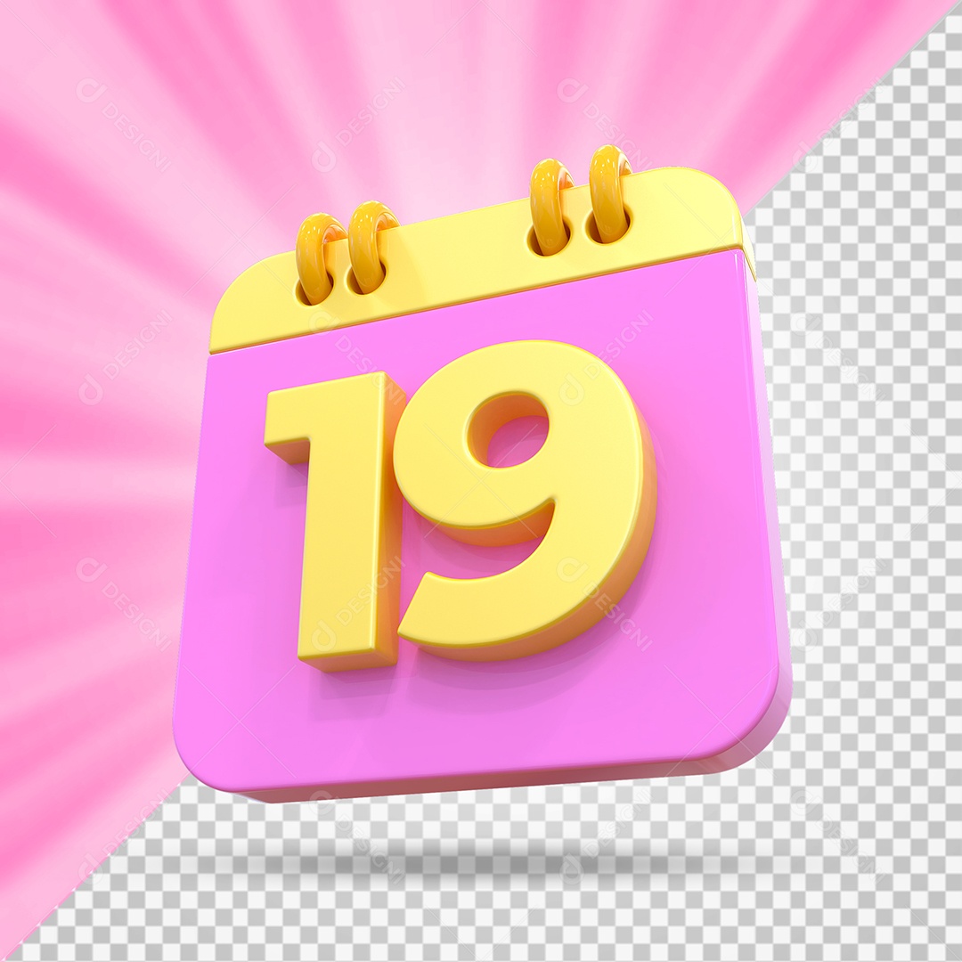 Elemento 3D Calendário Dia 19 Rosa e Amarelo Para Composição PSD