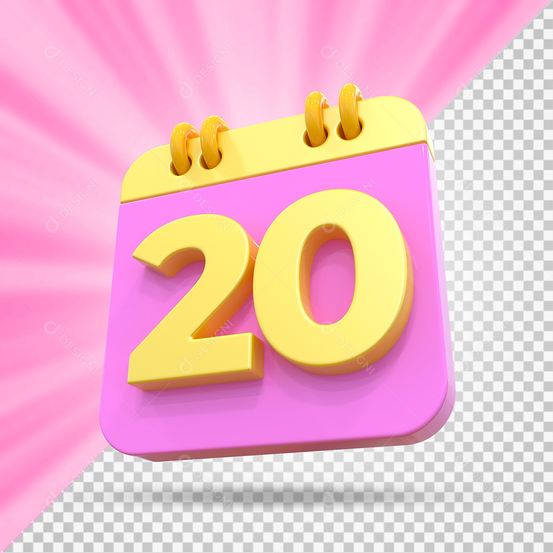 Elemento 3D Calendário Dia 20 Rosa e Amarelo Para Composição PSD