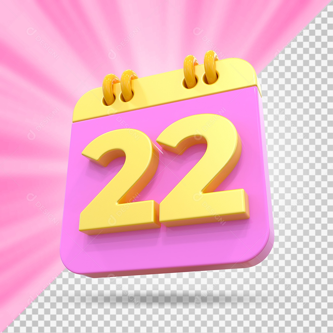Elemento 3D Calendário Dia 22 Rosa e Amarelo Para Composição PSD