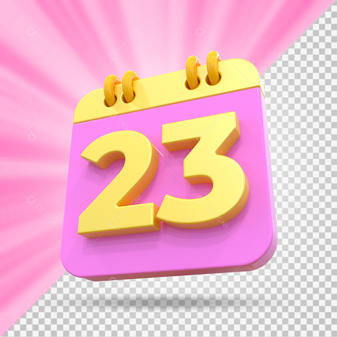 Elemento 3D Calendário Dia 23 Rosa e Amarelo Para Composição PSD