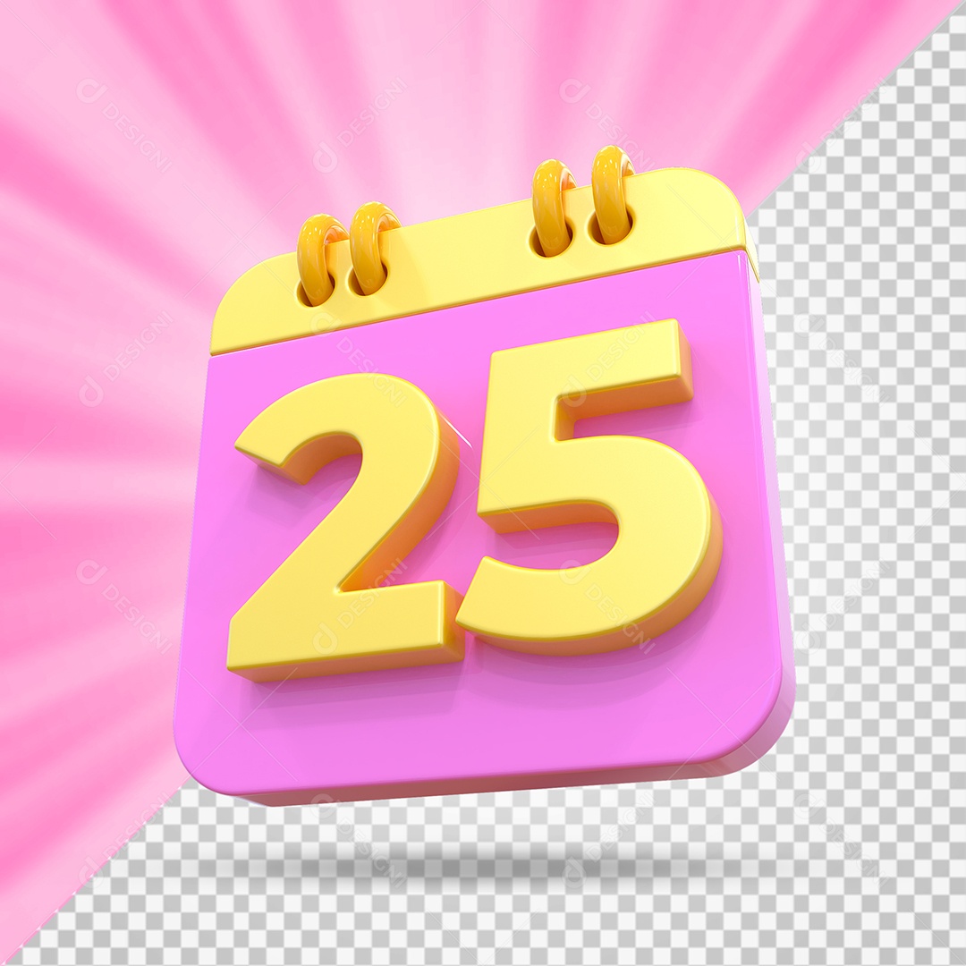 Elemento 3D Calendário Dia 25 Rosa e Amarelo Para Composição PSD