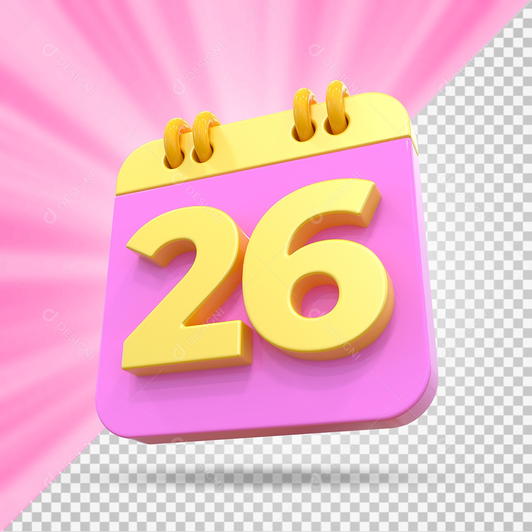 Elemento 3D Calendário Dia 26 Rosa e Amarelo Para Composição PSD