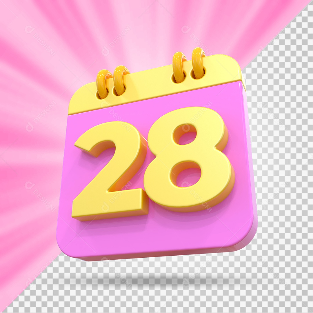 Elemento 3D Calendário Dia 28 Rosa e Amarelo Para Composição PSD