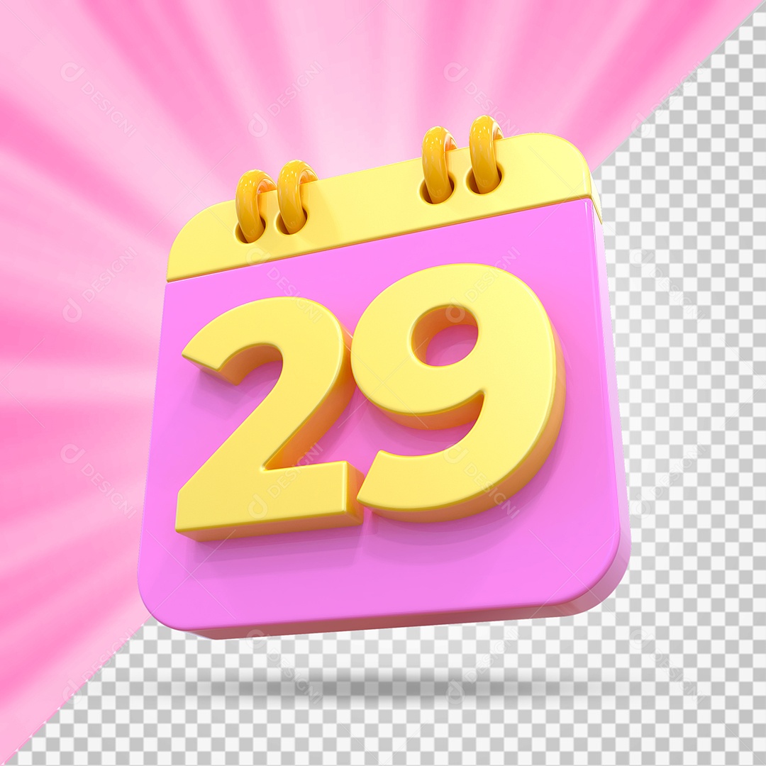 Elemento 3D Calendário Dia 29 Rosa e Amarelo Para Composição PSD