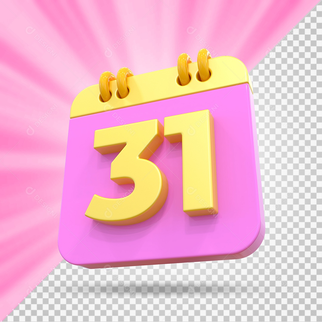 Elemento 3D Calendário Dia 31 Rosa e Amarelo Para Composição PSD