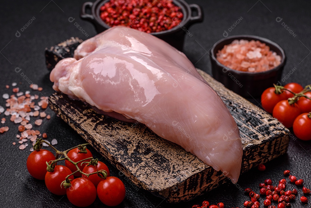 Carne de frango fresca crua em uma mesa de concreto