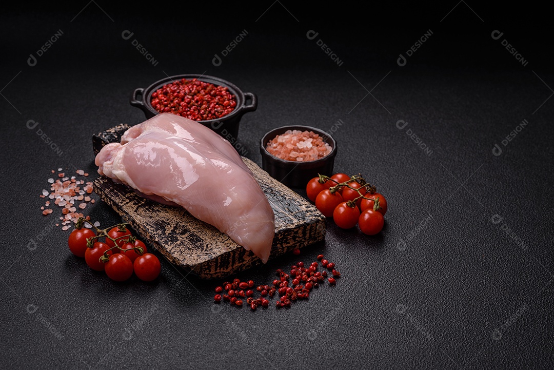 Carne de frango fresca crua em uma mesa de concreto