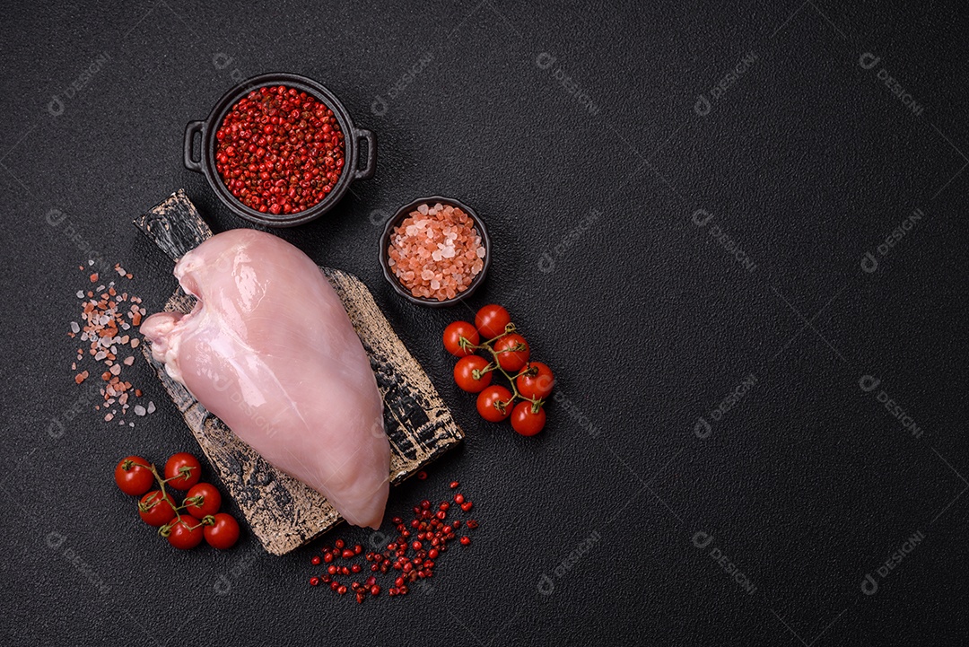 Carne de frango fresca crua em uma mesa de concreto